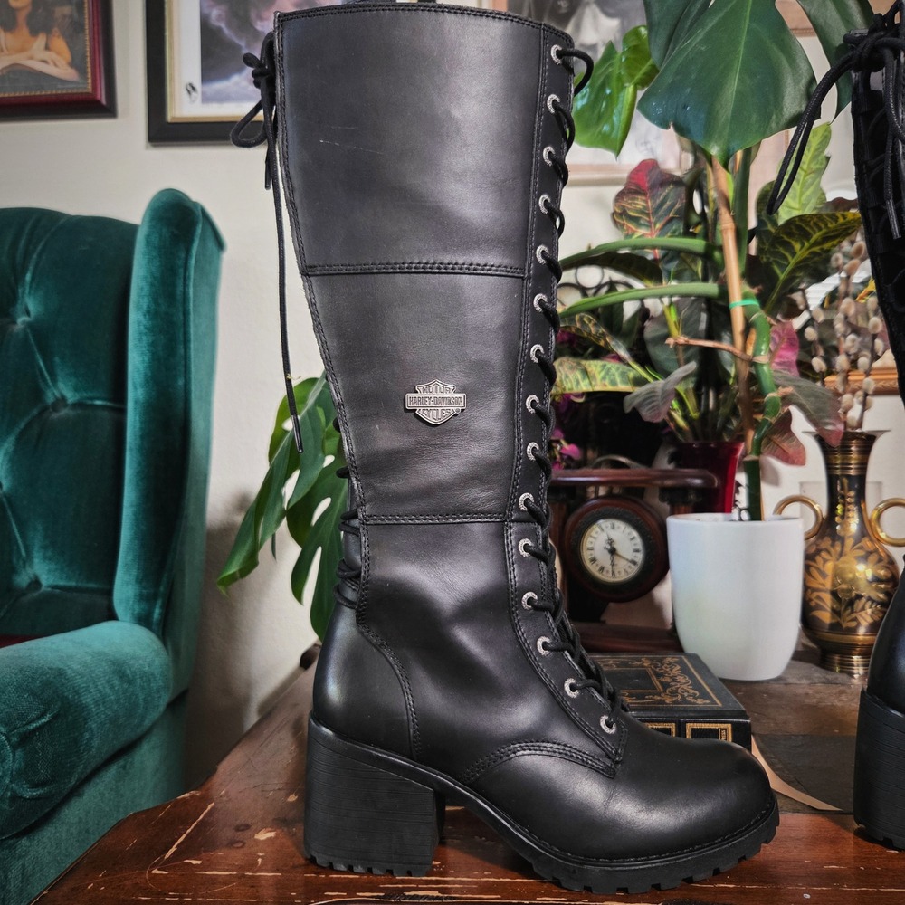 Harley Davidson Aldona Boots Biker Women Black Leather Tall Lace Up Size 7.5 M - Picture 4 of 9